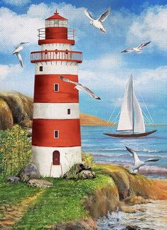 a painting of a lighthouse with seagulls flying around it and a sailboat in the water