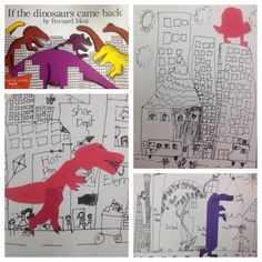 children's hand drawn pictures of dinosaurs and cityscapes with the words if the dinosaurs came back written on them