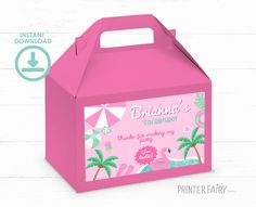 a pink party box with an umbrella and palm trees on the side, it says batangna's 5th birthday