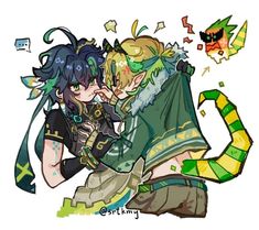 two anime characters hugging each other in front of a white background with green and yellow accents