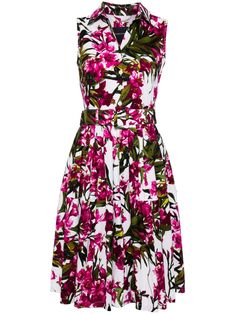 optical white/hot pink/olive green stretch-cotton all-over floral print classic collar front button fastening belted waist sleeveless straight hem mid-length White Belted Dress For Garden Party, Floral Print Dress For Summer Workwear, Summer Floral Dress For Workwear, Summer Floral Dress For Work, Sleeveless Belted Dress For Garden Party, Black Feminity, Dressy Summer Dresses, Diva Style, Pink Olive