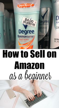 a woman typing on her laptop with the words how to sell on amazon as a beginner