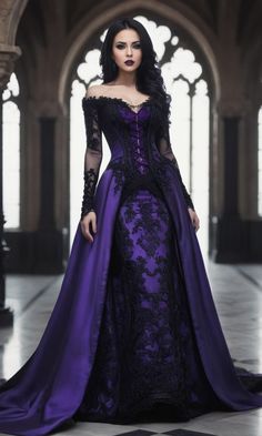 The woman is adorned in a stunning off-the-shoulder purple gothic dress featuring intricate black lace details, a corset-style bodice, and a flowing satin skirt that exudes an aura of timeless elegance and dark romance.  #GothicFashion #PurpleDress #CorsetBodice #LaceDetails #ElegantGown #DarkRomance #VintageStyle #GothicElegance #FashionInspiration #AI #Gothic #GothicDress Black And Purple Long Dress, Purple And Black Lace Dress, Purple Goth Wedding Dress, Wedding Dresses Black And Purple, Purple And Black Dress Gowns, Dark Gothic Dress, Prom Dress Purple Dark, Dark Purple Wedding Dress The Bride, Black Purple Wedding Dress