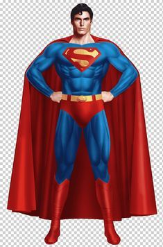 a man in a superman costume standing with his hands on his hips, wearing a red cape