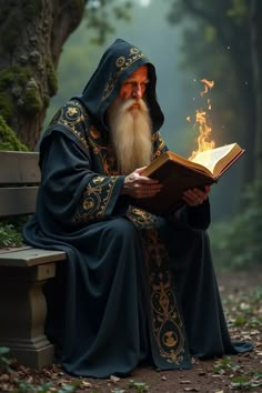 an old man sitting on a bench with a book in his hand and fire coming out of his mouth