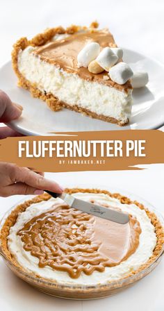 Two images of Fluffernutter pie.  The first shows a slice of pie on a white plate, topped with marshmallows and peanuts.  The second shows the pie with peanut butter drizzled over the top.  An offset spatula is spreading the peanut butter mixture over the pie. Fluffernutter Pie, Marshmallow Filling, Pie Pops, Peanut Butter Recipes, Graham Cracker Crust, Pie Dessert, Yummy Sweets