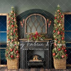 a fireplace decorated for christmas with candles and decorations on it, surrounded by two potted plants