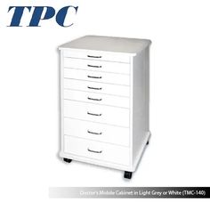 a white cabinet with five drawers on wheels and the words tpc above it