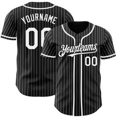 a baseball jersey that is black and white with pinstripe on the front, featuring your name