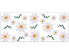 white and orange flowers with green stems on a white wallpaper border that has an image of daisies in the center