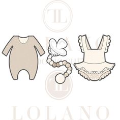 two baby onesuits and a necklace are shown on a white background with the words lolano