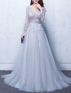 A-Line Luxurious Grey Engagement Formal Evening Dress Illusion Neck Half Sleeve Chapel Train Tulle with Beading Appliques 2020 Cheap Prom Dresses Online, Luxurious Dresses, Evening Dresses Online, Cheap Evening Dresses, Formal Evening Dress, Party Kleidung, Illusion Dress, Prom Dresses Online, Gown Prom