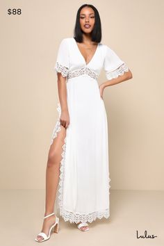 No matter the event, you'll look stunning in the Lulus Sweeten the Occasion White Lace Short Sleeve Maxi Dress! Gauzy, crinkle woven fabric shapes this splendid dress that has a deep V-neckline, flowy short sleeves, and a fitted bodice. An empire waist cascades into a maxi skirt with slits along both sides. Gorgeous sheer crochet lace accents the sleeves, waist, and sides of the skirt. Keyhole with top button closure and hidden zipper/clasp at back. Fit: This garment runs large - please size down. Length: Floor length. Size medium measures 55.5" from shoulder to hem. Bust: Great for any cup size. Waist: Fitted - very fitted at natural waist. Hip: Not Fitted - room for hips. Undergarments: May be worn with any standard bra. Fabric: Fabric has no stretch. Lined. Shell: 100% Rayon. Lining & C Splendid Dress, Short Sleeve Maxi Dress, White Lace Shorts, Short Sleeve Maxi Dresses, Crochet Lace Trim, Flowy Shorts, Lace Short, Sleeve Maxi Dress, Maxi Dress With Sleeves