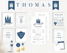 a set of wedding stationery with blue and white accents, including the name thomas