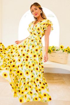 Trixie Dress in Sunflower – Ivy City Co Green Sunflower, Ivy City Co, Brown And Green, Skirt With Pockets, Sunflower Print, Cotton Maxi, Maxi Dress Cotton, In Full Bloom, Tier Skirt