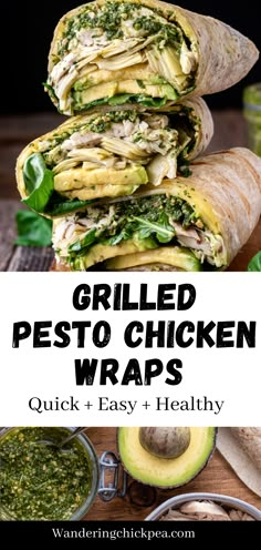 grilled pesto chicken wraps stacked on top of each other with avocado