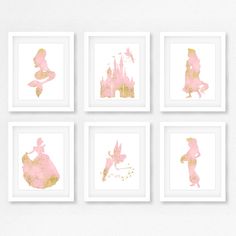 four pink and gold princess silhouettes on white paper with watercolor splashing in the background