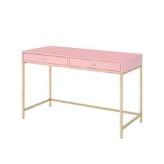 a pink desk with two drawers on the top and one drawer at the bottom, against a white background