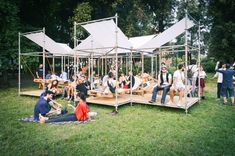 a group of people sitting on top of a lush green field next to each other