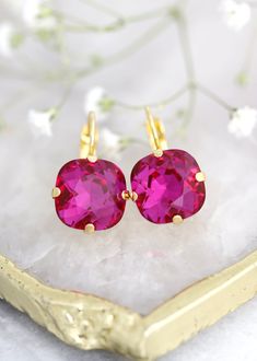 Fuchsia Pink Drop Earrings Magenta Crystal Drop Earrings - Etsy Pink Earrings With Lever Back Ear Wires For Party, Magenta Crystal, Pink Drop Earrings, Fiesta Colors, Bridesmaids Earrings, Fuchsia Color, Crystal Drop Earrings, Fuchsia Pink, Crystal Drop