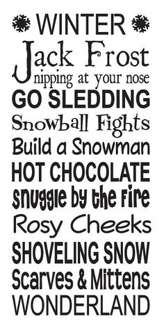 a black and white poster with words written in different languages, including snowflakes