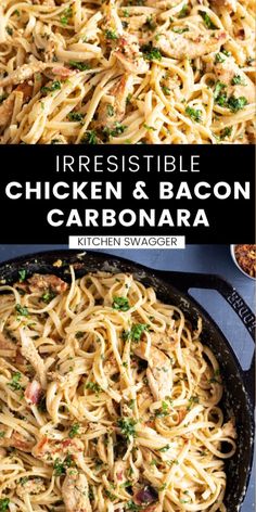 chicken and bacon carbonara in a skillet