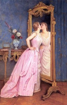 a painting of two women looking at each other in front of a mirror with blue walls