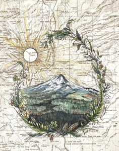 a drawing of a mountain surrounded by trees and plants with the sun in the background