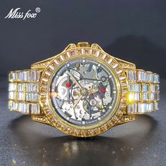 Men's Mechanical Watches Gold Luxury Ice Baguette Wristwatch Skeleton Movement Waterproof Tourbillon Watch For Man - Bekro's ART Gold Diamond Watch With Skeleton Dial As Gift, Skeleton Movement, Watch For Man, Tourbillon Watch, Dinosaur Earrings, Ideal Life, Double Layer Necklace, Dainty Choker, Gold Luxury