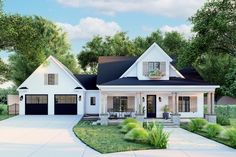 a white house with black roof and two car garages on the front porch is surrounded by greenery