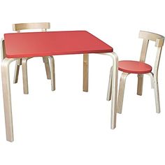 a red table and two white chairs on a white background with the same color as the chair