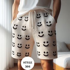 Smiley Face Men Shorts, Smile Face Crochet Short Pants for Men, Summer Short Trousers Mens Gift for Boyfriend, Crochet Short for Beach, Crochet Short for Beach, Hand Knit Men Short, Funny Crochet Shorts 😊 SIZE I made it according to the standard men US sizes. Since it's crocheted, it is flexible. So, it can fit more than one size. If you still need different size, please reach out me!   YOU CAN CHOOSE CUSTOMIZED COLORS FOR YOUR SHORT   If you want your short with different color combinations, p Mens Crochet Ideas, Crochet For Man Ideas, What To Crochet For Men, Men Crochet Ideas, Crochet Gifts For Guys, Crochet Shorts For Men, Crochet For Men Gift Ideas, Crochet Short Pants, Crochet Ideas For Men