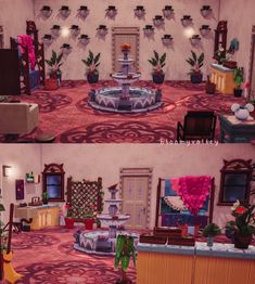 two pictures of a living room with furniture and flowers on the wall, one is in front of a fountain