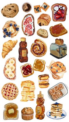 a bunch of different types of breads and pastries