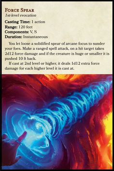 an advertisement for the force spear, which is printed in blue and red with orange swirls