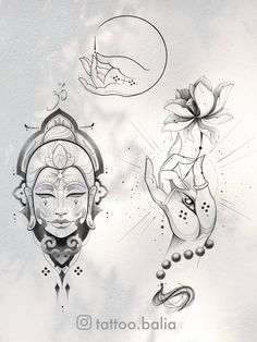 an artistic tattoo design with lotuses and buddha's face