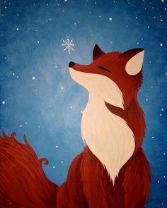 a painting of a red fox with snowflakes on it's head and tail