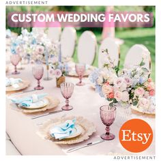 an advertisement for a wedding event with flowers and napkins on the table in front of it