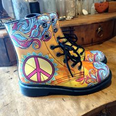 Yes We Vibe, Peace & Love Vegan Leather Boots Sz 6.5 Brand New Never Worn Gorgeous Colorful Vegan Leather Peace Sign Lace-Up Boots. Shades Of Yellow Orange Blue And Red Create A Psychedelic Hippie Boho Festival Style Boot. True To Size Fit Wider Feet Removable Insole 100% Vegan Leather Rubber Outsole With Steel Shank Amazing Colors & Print Quality Yellow Ankle-high Spring Boots, Yellow High-top Leather Boots, Yellow Leather Boots With Round Toe, Yellow Leather High-top Boots, High-top Yellow Boots For Spring, Yellow Leather Spring Boots, Spring Yellow Leather Boots, Spring Boots With Round Toe And Fun Style, Spring Fun Boots With Round Toe