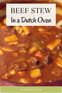 beef stew in a dutch oven with text overlay