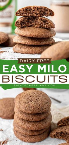 chocolate cookies stacked on top of each other with the words dairy - free easy milo biscuits