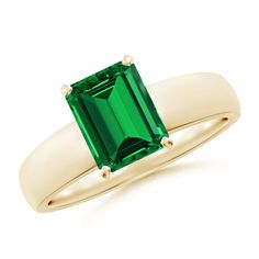 Although simple in design, this solitaire engagement ring is sure to capture attention with its refined elegance. It carries an emerald-cut lab-grown emerald that is prong set on a polished shank. This beautiful ring is crafted in 14k yellow gold. Rectangular Emerald Ring With Polished Gold Finish, Fine Jewelry 14k Gold Solitaire Emerald Ring, 14k Gold Solitaire Birthstone Ring, Emerald Cut, Rectangular Prong-set Emerald Ring In Yellow Gold, Everyday Gold Emerald-cut Emerald Ring, Emerald Solitaire Engagement Ring, Emerald Rings, Beautiful Ring, Emerald Ring