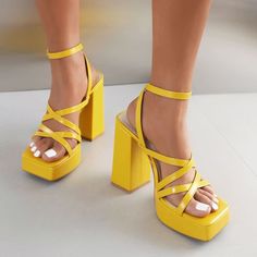 Material: Vegan Leather Pattern: Solid Color Available Colors: White, Pink, Black, Green, Yellow Suitable Season: Summer Heel Height: 5.11 inches (130 mm) Platform: 1.18 inches (30 mm) Toe Style: Square Toe Heel Style: Chunky Heel Style: Sandal Pumps Closure Type: Ankle Strap HandcraftedUS sizing. Fits true to size.Please note that measurements may vary by size. Bold Ankle Strap Heels For Spring, Bold Ankle Strap Sandals For Spring, Yellow Ankle Strap Heels With Heel Loop, Yellow Heels With Ankle Strap And Heel Loop, Yellow Synthetic Heels With Heel Loop, Yellow Platform Heels With Block Heel, Yellow Block Heels With Buckle Closure, Yellow Block Heel Sandals For Party, Yellow Platform Sandals With Block Heel