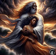 a painting of jesus holding a woman in his arms while storm clouds loom overhead