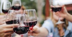 several people holding up wine glasses with red wine in them