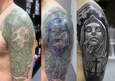 two different tattoos on the arms of men, one with an image of a woman and another with a man's face