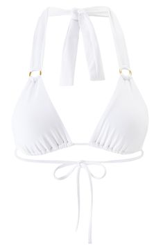 This classic bikini top is beach ready with adjustable ties and ring hardware that gleams in the sunlight. Ties at neck and back Lined, with removable soft cups 91% polyamide, 9% elastane Hand wash, dry flat Imported Elegant Adjustable Swimwear, Elegant White Halter Top For The Beach, Elegant Adjustable Swimwear For Poolside, Elegant Halter Top For Pool And Beach Season, Elegant Beachwear Halter Top, Elegant Adjustable Swimwear For Pool, Chic Adjustable Halter Top For Beach, Elegant Poolside Halter Top With Tie Back, Adjustable Padded Halter Top For Beach