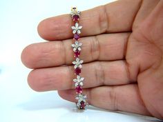 7.27 Carat Red Natural Ruby Diamonds Flower Cluster Tennis Bracelet 18 Karat In New Condition For Sale In New York, NY Red Tennis Bracelet With 17 Jewels For Wedding, Red Fine Jewelry Tennis Bracelet For Wedding, Red Tennis Bracelet For Wedding, Stone Rings For Men, Ruby Flower, Yellow Diamonds, Ruby Bracelet, Fancy Yellow Diamond, Flower Cluster