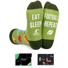 FOOTBALL SOCKS: These green football socks are decorated with a variety of colored football protective gear. They also feature a funny hidden message on the bottom that reads "EAT SLEEP FOOTBALL REPEAT". SIZE & PACKAGE: Our unisex football socks are designed to comfortably fit most men with US shoe sizes 6-13 and women with US shoe sizes 7 and up. Each pair is beautifully packaged in a box, making it an ideal gift choice. QUALITY MATERIAL: Our novelty football socks are made of 80% cotton, 15% p Gifts For Football Players, Football Protective Gear, Rugby Gifts, Youth Football, Football Socks, Hidden Message, Gifts For Sports Fans, Football Lovers, Toe Socks