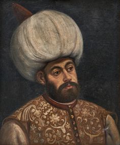 an oil painting of a man with a turban on top of his head